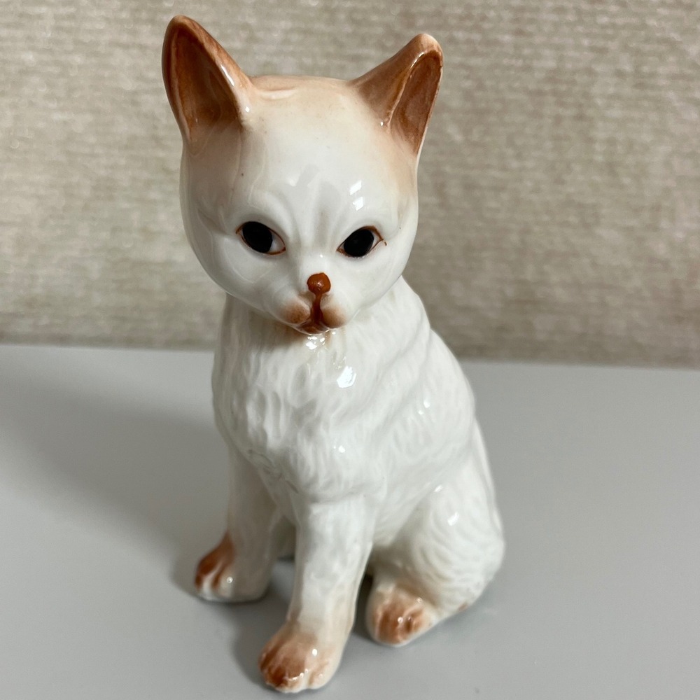Vintage Ceramic Cat Kitten Figurine White Brown Accent‎ Home Decor Cute